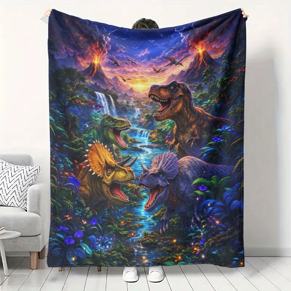 Multicolor Dinosaur Throw Blanket - Lively Prehistoric Scene 50x60